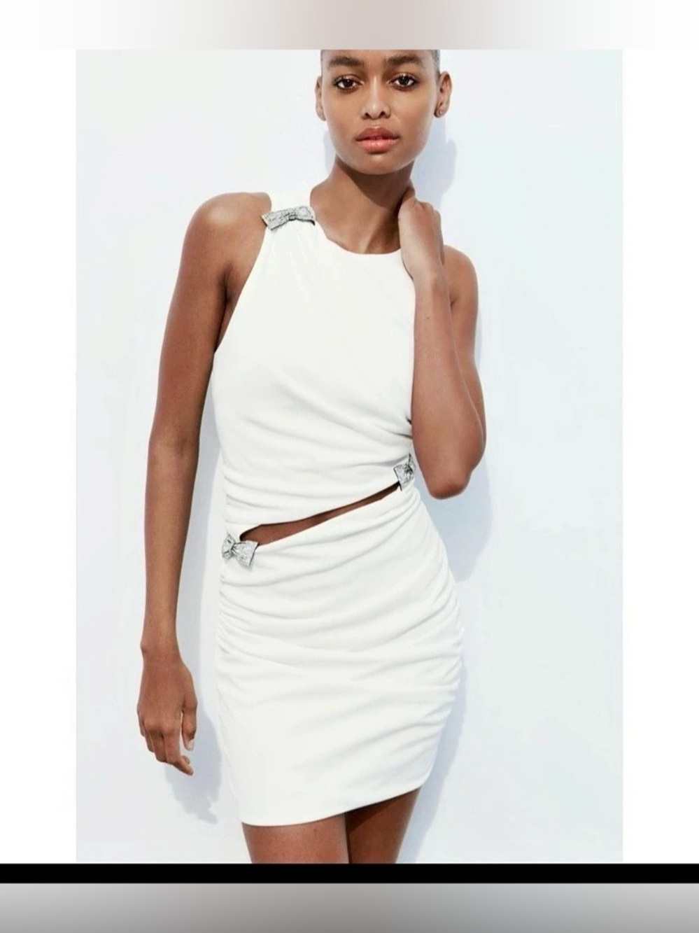 Zara Cut-Out Dress with Rhinestone Bows White XS